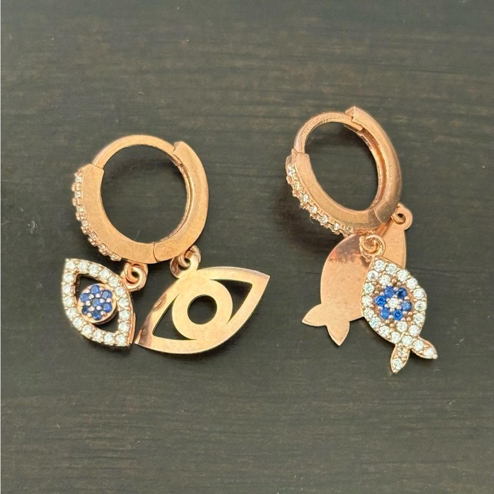 925 Silver double evileye / fish cz stones hoops earrings 14K rose gold plated